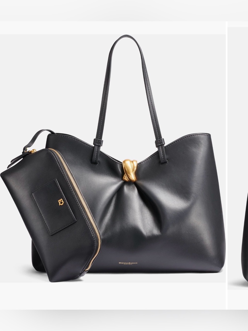 Donna Karan Black Leather Knot-Detail Tote with Matching Pouch